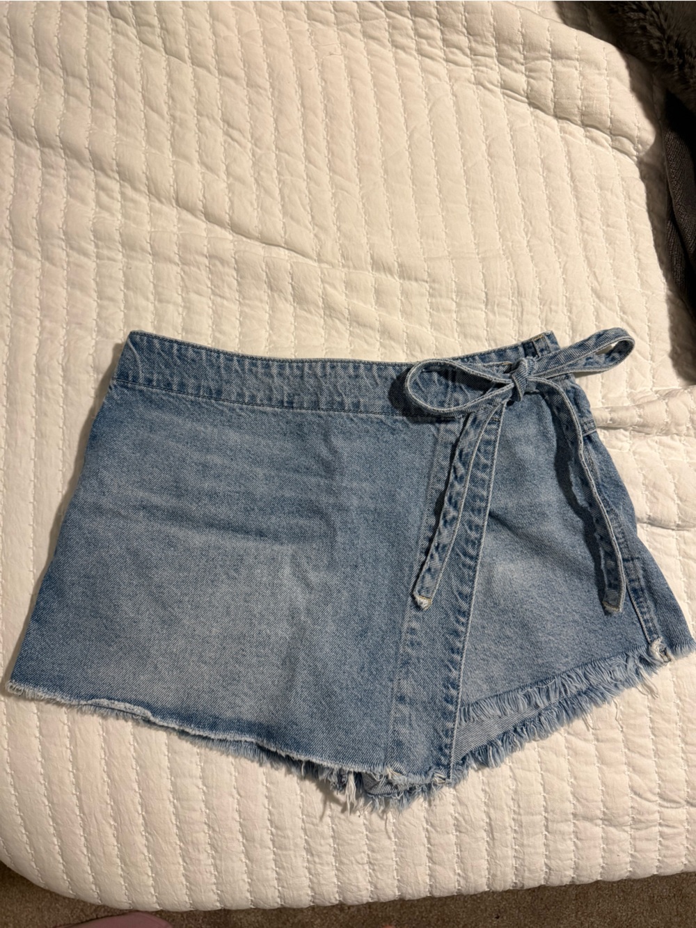 Free People Light Wash Denim Wrap Mini Skort with Tie
